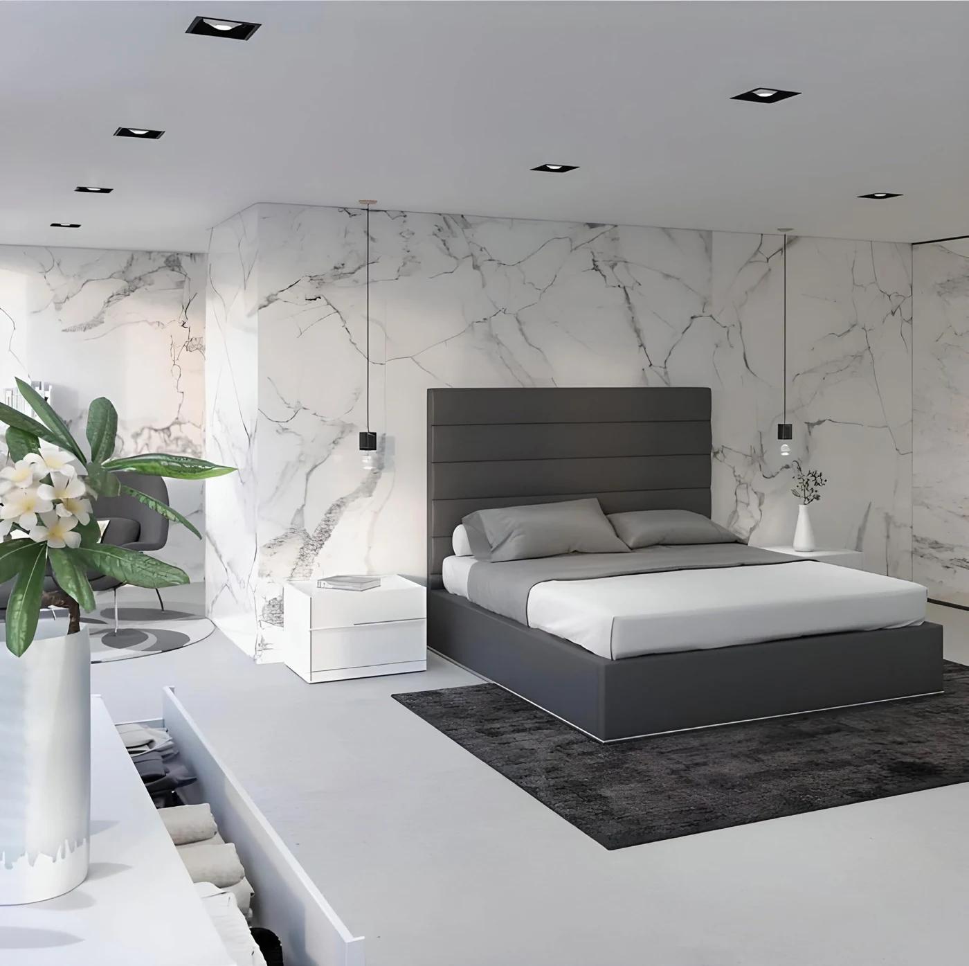 Marble-look panels in a contemporary bedroom